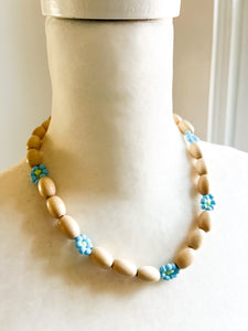 Turquoise Daisies with Natural Wood Necklace