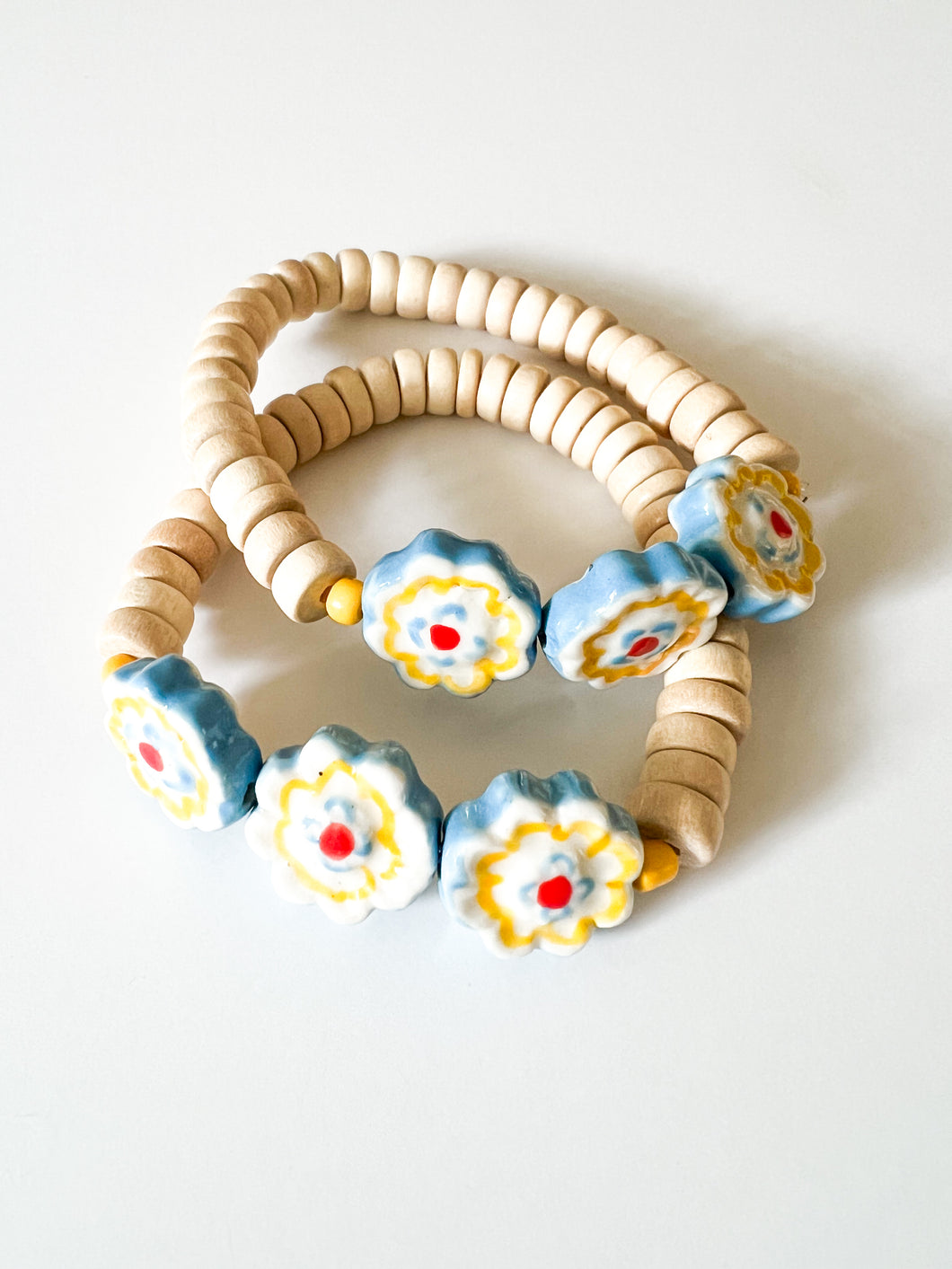 Natural Wood with Ceramic Flowers Bracelet