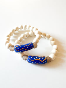 Royal and Yellow Krobo with White Wood Bracelet