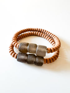 Charcoal Sea Glass and Tan Clay Bracelet