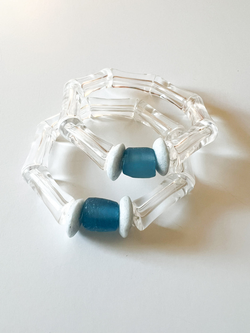 Clear Bamboo Acrylic with Blue Glass Bracelet