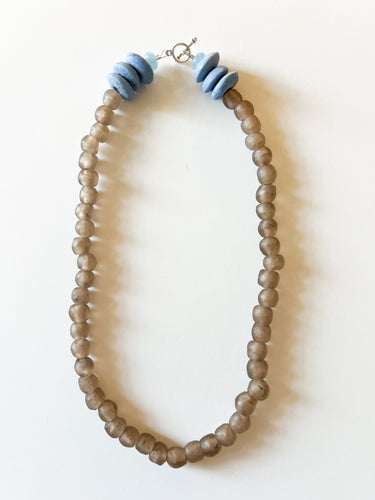 Charcoal and Sky Blue Recycled Glass Beaded Necklace