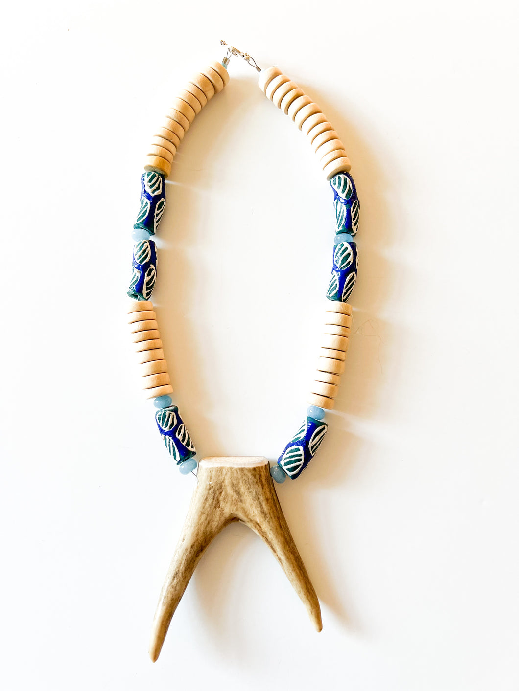Mix of Blues and Natural Wood Antler Tip Necklace