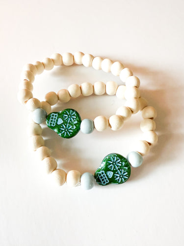 Wood and Green Skully Bracelet