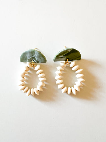 Marbled Green Clay and White Bicone Earrings