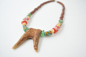 Red and Green Krobo Glass Antler Fork Necklace