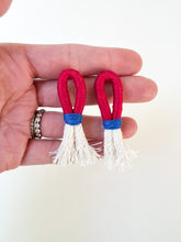 Load image into Gallery viewer, Maroon and Blue Wrapped Cotton Post Earring