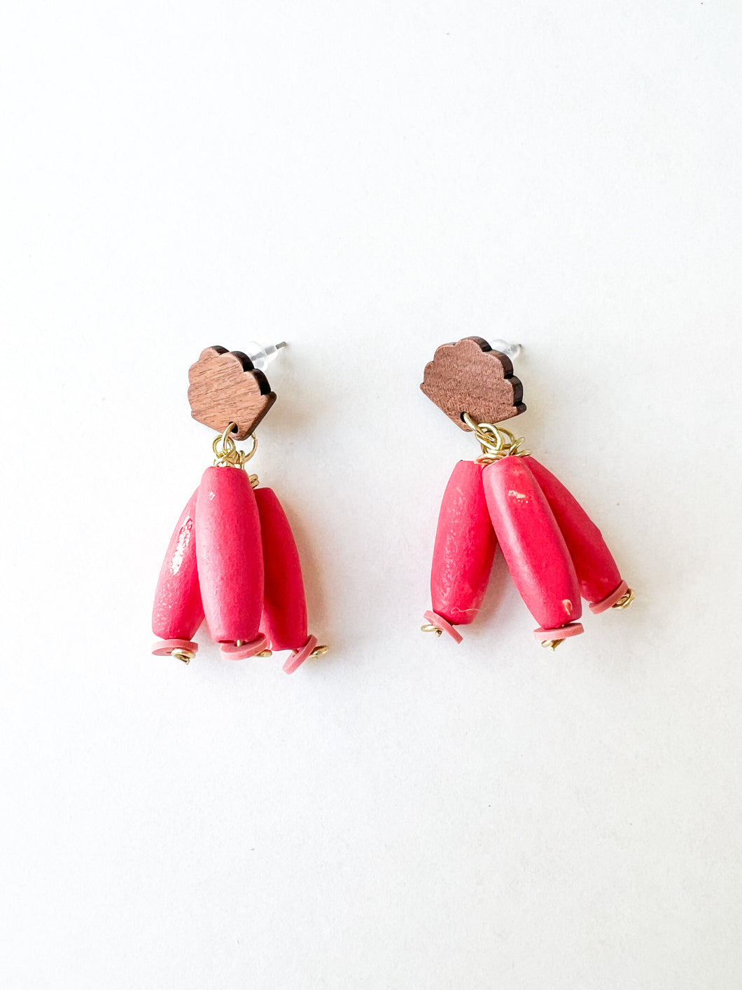 Wood Fan Post and Magenta Wood Dangle Earring