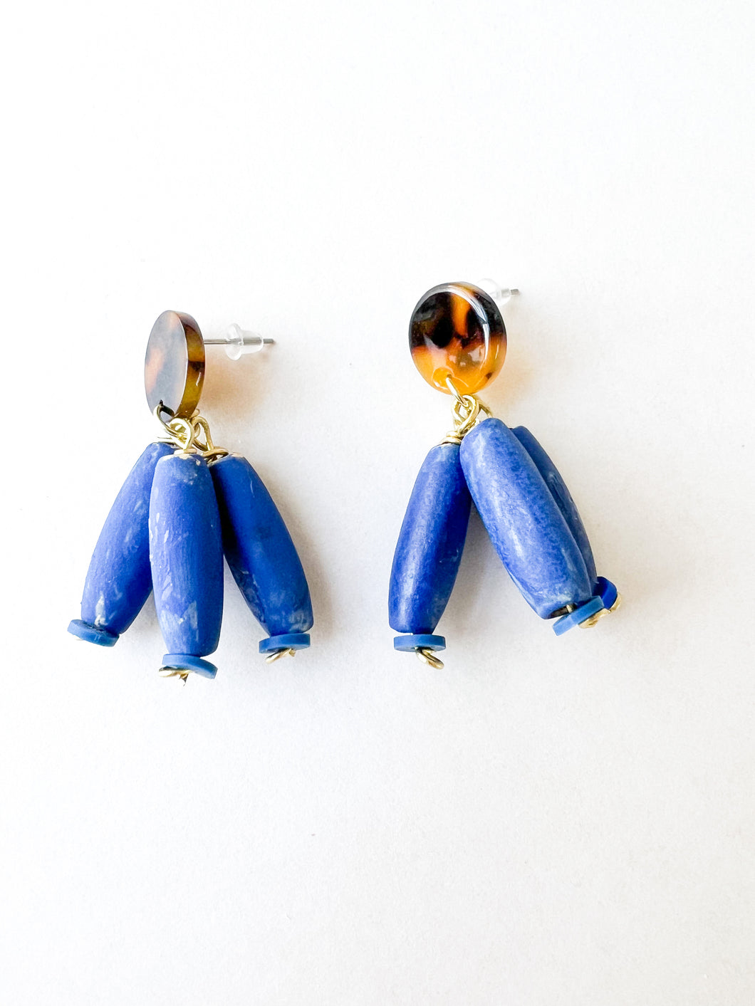 Tortoise and Hand Painted Blue Dangle Earrings