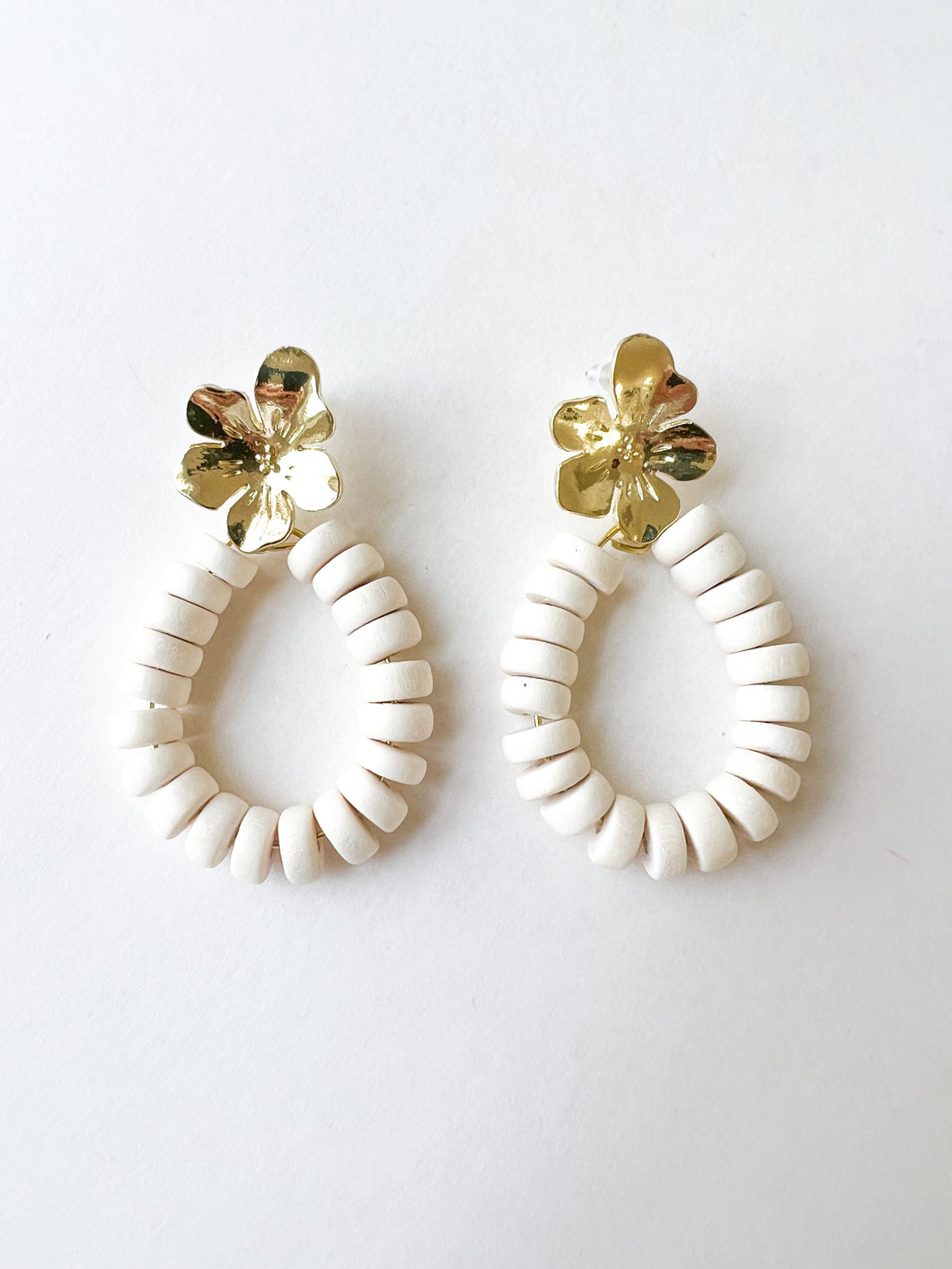 Floral Post and White Wood Disc Earrings