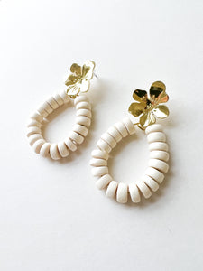 Floral Post and White Wood Disc Earrings