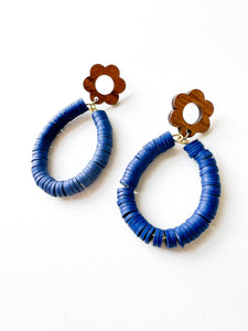 Floral Wood and Royal Blue Clay Earrings