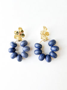 Floral and Navy Wood Bead Earrings