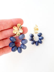 Floral and Navy Wood Bead Earrings