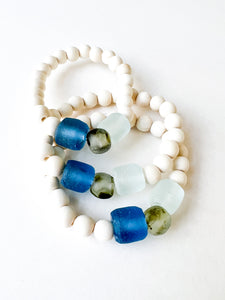 Green and Blue Sea Glass with White Wood Bracelet