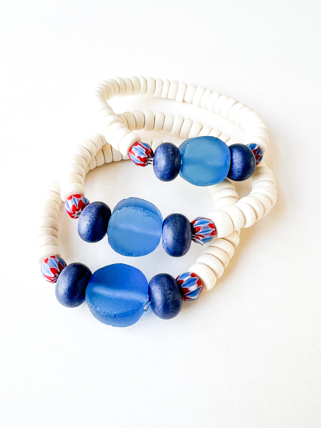 Mix of Blues Sea Glass and White Wood Bracelet