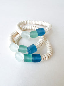 Green and Blue Sea Glass with White Disc Bracelet