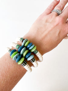 Mix of Green and Blues Wood Disc Bracelet