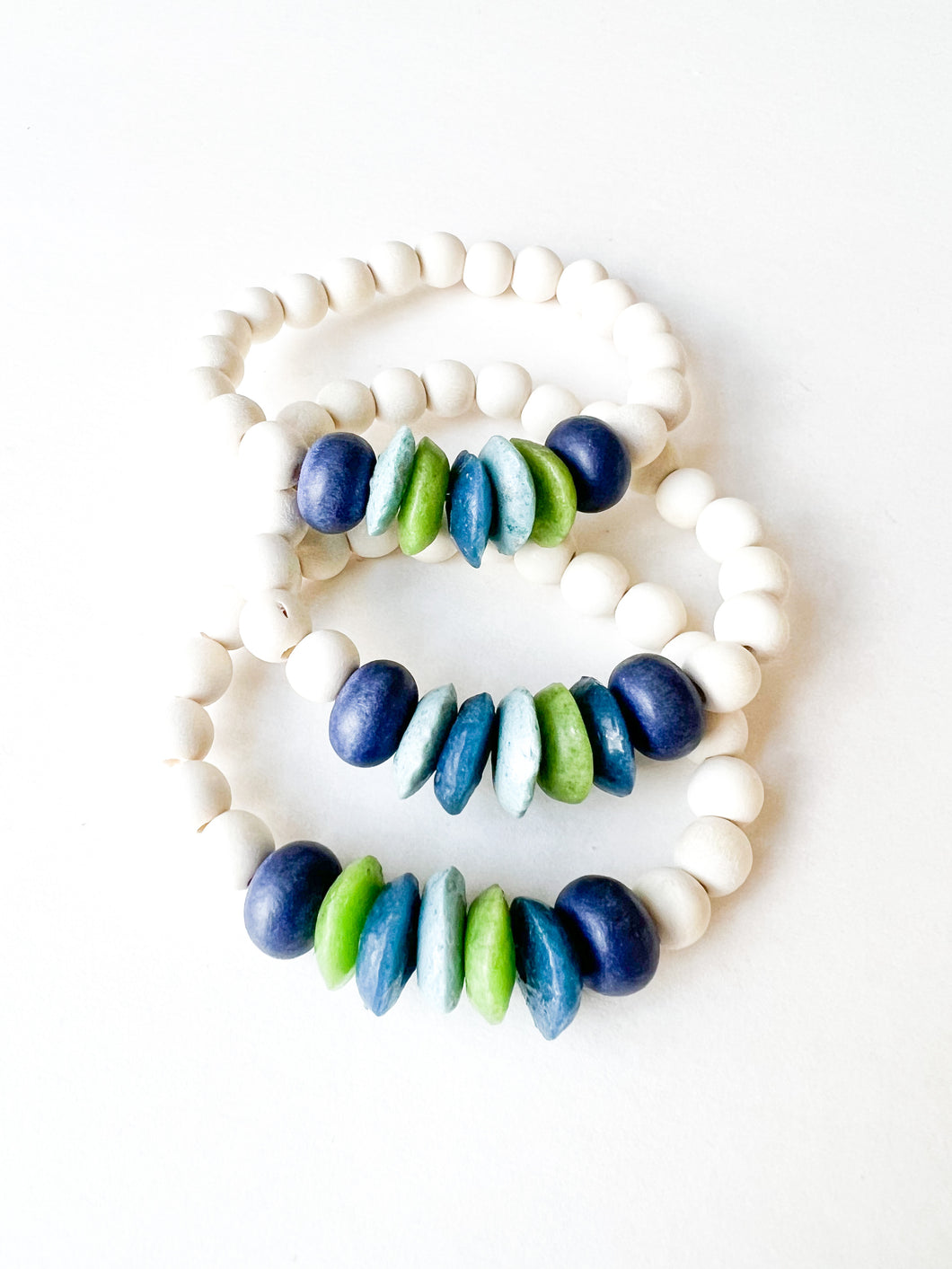 Mix of Blue and Greens Round Wood Bracelet