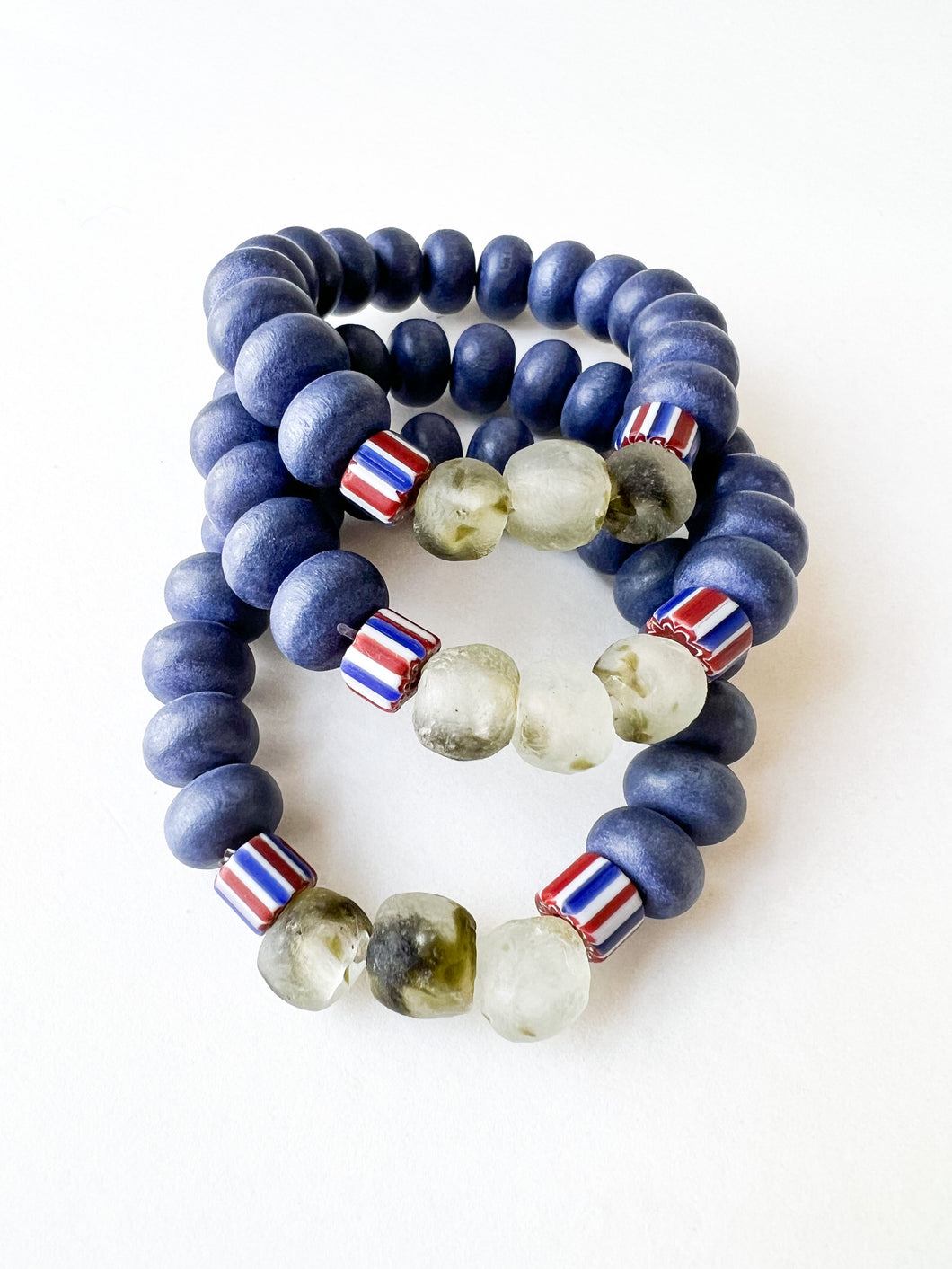 Recycled Sage Glass and Navy Wood Bracelet