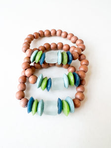 Mix of Greens Sea Glass and Brown Wood Bracelet