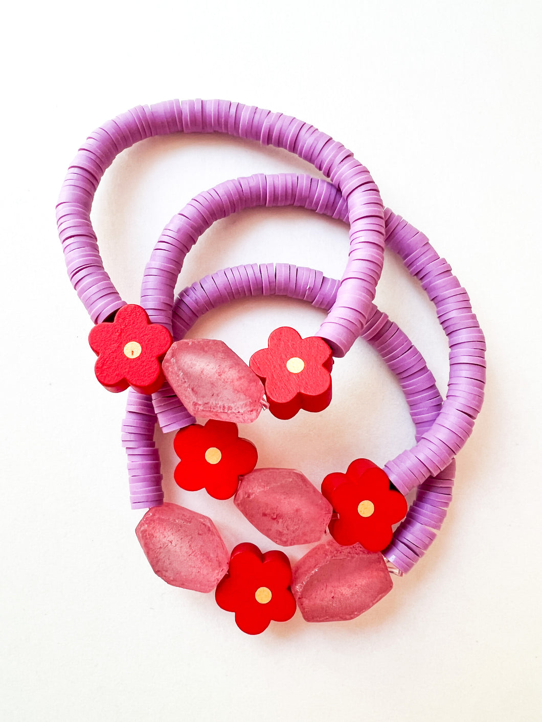 Red Wood Flower and Lilac Clay Bracelet