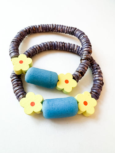 Yellow Wood Flower and Deep Purple Bone Bracelet