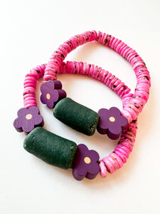 Violet Wood Flower with Tourmaline Pink Bone Bracelet