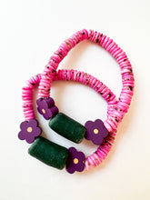 Load image into Gallery viewer, Violet Wood Flower with Tourmaline Pink Bone Bracelet