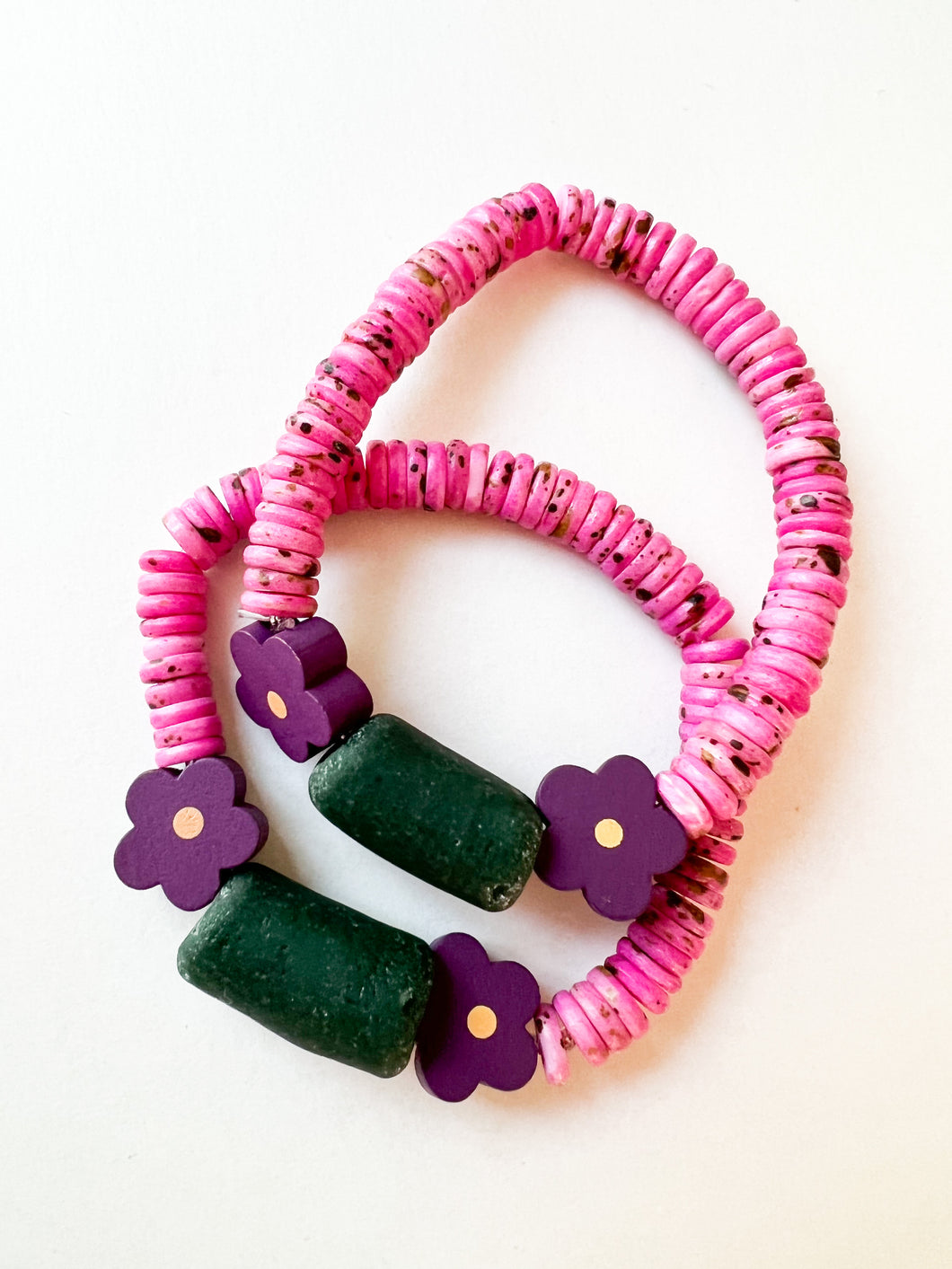 Violet Wood Flower with Tourmaline Pink Bone Bracelet