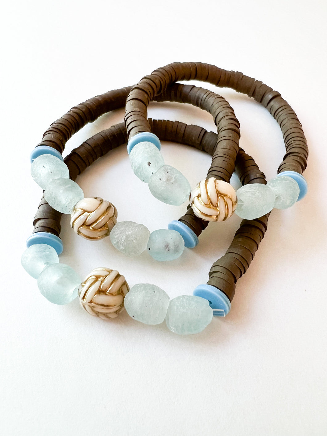 Sky Blue Sea Glass and Chocolate Brown Clay Bracelet