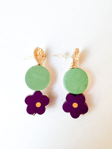 Hand Painted Mint and Violet Floral Post Earring