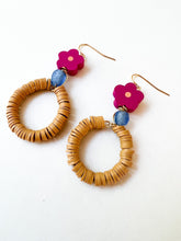 Load image into Gallery viewer, Magenta Floral and Dijon Clay Drop Hoop Earrings