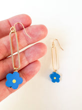 Load image into Gallery viewer, Royal Blue Floral Oblong Drop Hoop Earring