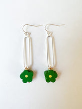 Load image into Gallery viewer, Grass Green Floral and Silver Oblong Hoop Earring