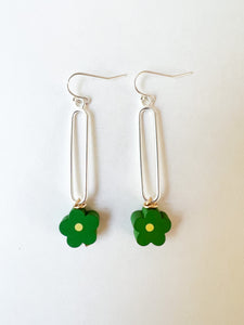 Grass Green Floral and Silver Oblong Hoop Earring