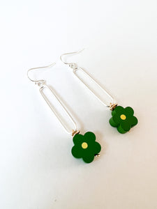 Grass Green Floral and Silver Oblong Hoop Earring