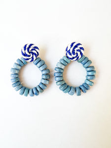 Blue Wood Disc Rope Post Earrings