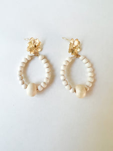 White and Natural Wood Floral Hoop Earrings