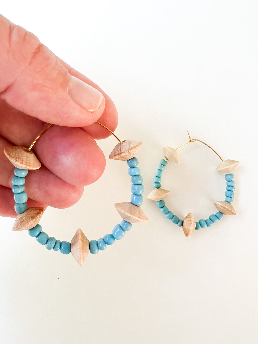 Turquoise and Unfinished Bicone Wood Hoops