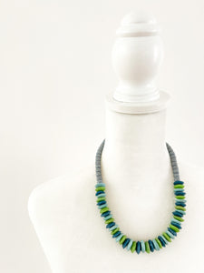 Gray and Mixed Green and Blue Glass Beaded Necklace