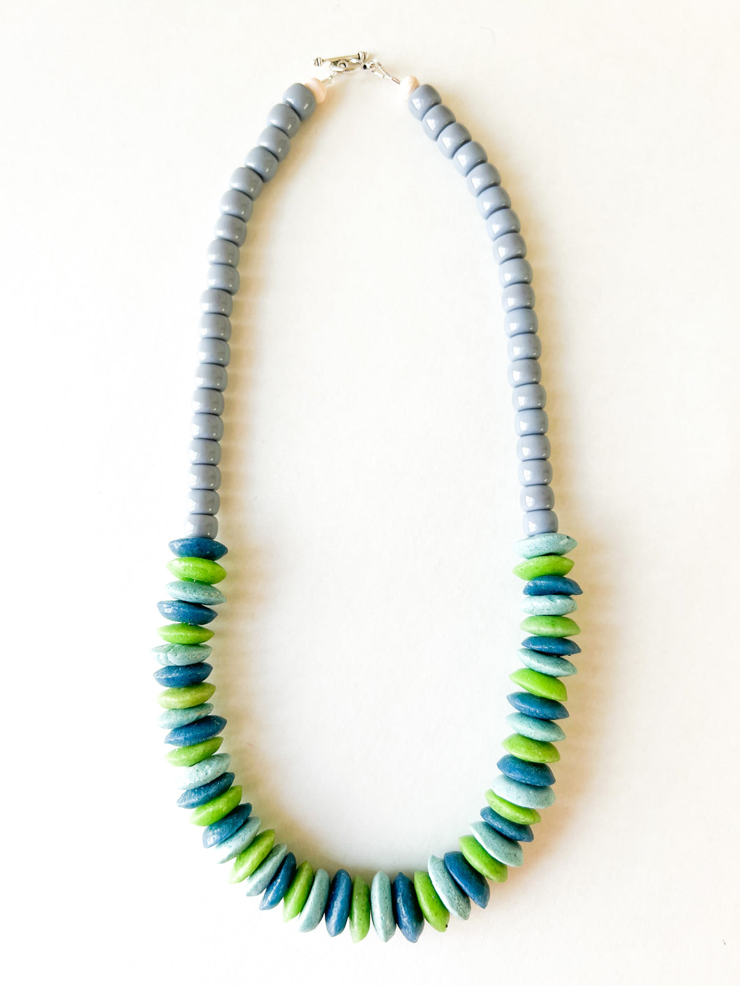 Gray and Mixed Green and Blue Glass Beaded Necklace