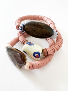 Dusty Rose Clay with Wood and Glass Bracelet