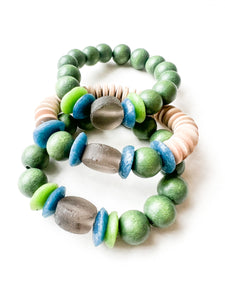 Mix of Greens and Recycled Charcoal Glass Bracelets