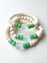 Load image into Gallery viewer, Mix of Greens Recycled Glass and White Wood Bracelet