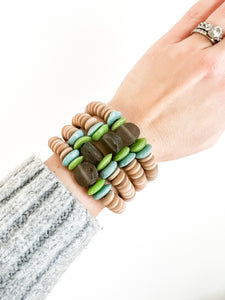Blue and Green Recycled Glass and Wood Disc Bracelet
