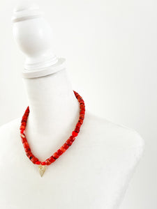 Coral Brass Heart Charm Necklace