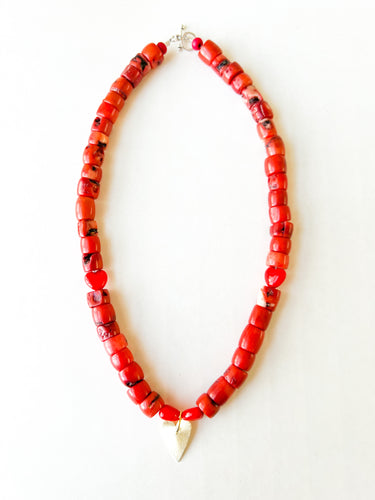 Coral Brass Heart Charm Necklace