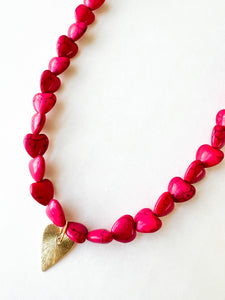 Magenta Heart Brass Charm Necklace