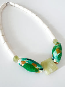 Hand Painted Emerald and Sage Wood Necklace